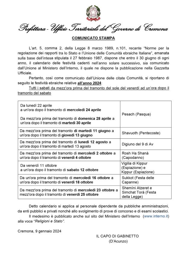 Prefettura di Cremona Calendario Festività ebraiche 2024
